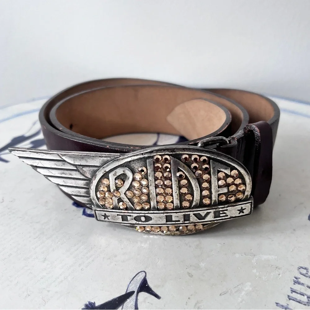Streets Ahead Ride To Live Western Y2K Rhinestone Biker Leather Belt Size S